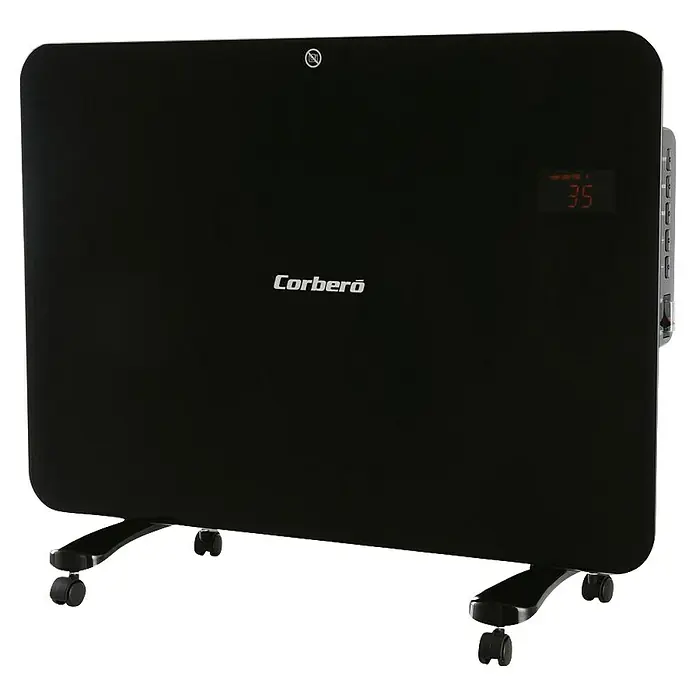 Corberó Convector Turbo - 1.500 W, 27,2 x 66,6 x 53,5 cm, Negro - La imagen muestra un radiador de convección Corberó negro con pantalla digital y pies con ruedas.