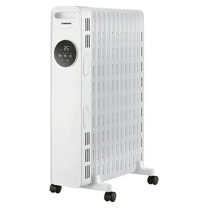 Corberó Radiador de aceite - 2.500 W, Blanco, L x An x Al: 24 x 45 x 64 cm - Imagen de un radiador Corbero blanco y portátil con pantalla digital y ruedas.