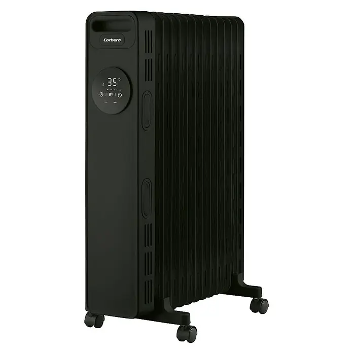 Corberó Radiador de aceite - 2.300 W, Negro, L x An x Al: 39 x 24 x 64 cm - Radiador Corbero negro y elegante con pantalla digital, ideal para una calefacción doméstica elegante y eficiente. Solución de calefacción moderna.