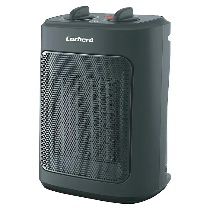 Corberó Calefactor de aire - 2.000 W, Negro - Se muestra un calentador Corbero, con controles de dial para ajustar la temperatura. Diseño compacto y oscuro con rejilla de seguridad frontal.