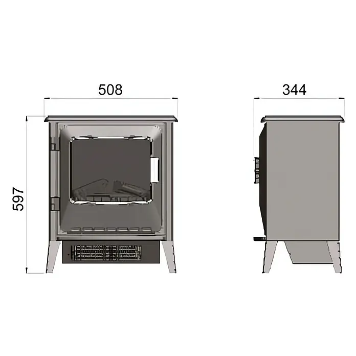 Dimplex Chimenea eléctrica Lucia - Negro, 900 W - 1.800 W, 34,4 x 50,8 x 59,7 cm - Imagen de una estufa de leña con sus dimensiones. Perfecta para calentar tu espacio habitable.