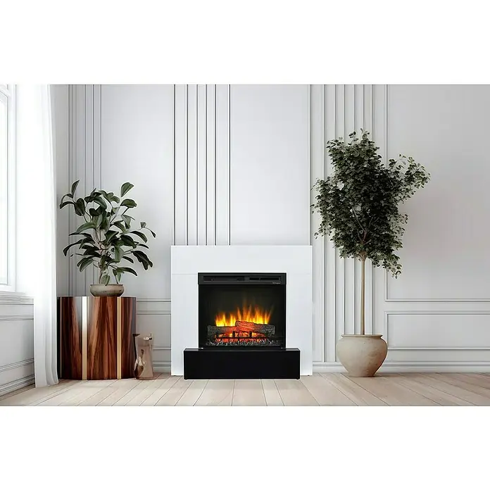 Dimplex Chimenea eléctrica Lucid - Negro/Blanco, 1.400 W, L x An x Al: 29 x 94,5 x 90,1 cm - Elegante salón con chimenea moderna rodeada de plantas, creando un ambiente con estilo.