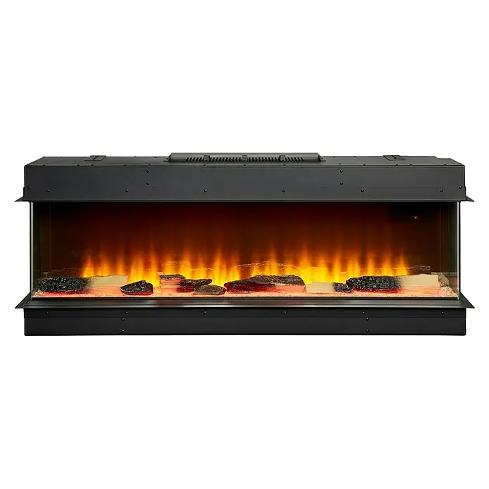 Focalpoint Chimenea eléctrica Eccentra 1250 - L x An x Al: 22,3 x 126,6 x 24,4 cm - Primer plano de una chimenea eléctrica moderna con llamas y troncos simulados, todo ello dentro de un marco negro.