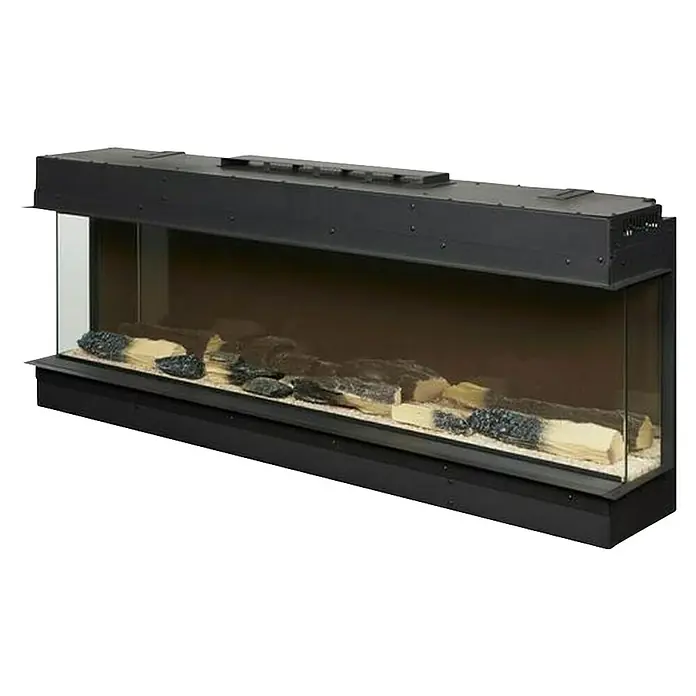 Focalpoint Chimenea eléctrica Eccentra 1250 - L x An x Al: 22,3 x 126,6 x 24,4 cm - Se muestra una chimenea de esquina moderna, con troncos y piedras simuladas encerradas en un elegante marco de metal negro con paneles de vidrio.