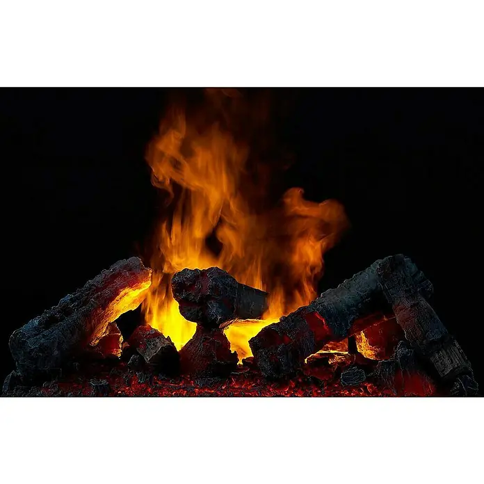 Dimplex Chimenea eléctrica Stockbridge - Negro, 1.000 W - 2.000 W, L x An x Al: 39 x 62 x 66 cm - Primer plano de una chimenea simulada con troncos incandescentes y llamas contra un fondo oscuro ofreciendo un ambiente fuego realista.