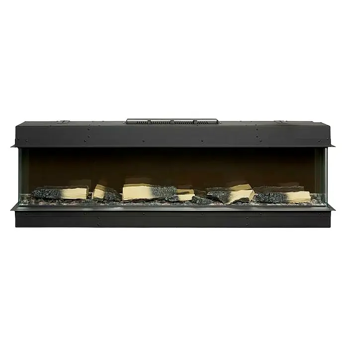 Focalpoint Chimenea eléctrica Eccentra 1500 - L x An x Al: 22,3 x 151,5 x 24,4 cm - Primer plano de una chimenea eléctrica moderna con troncos simulados y efectos de llama realistas, perfecta para un calor acogedor.