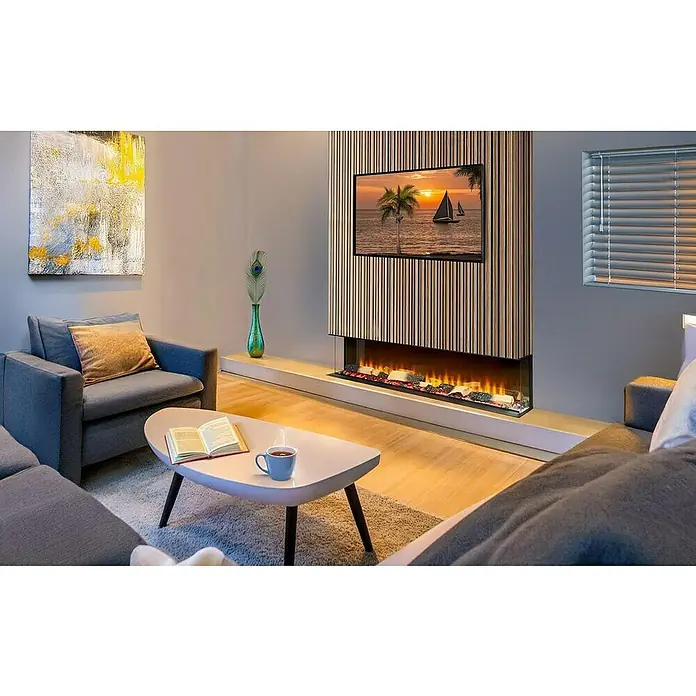 Focalpoint Chimenea eléctrica Eccentra 1250 - L x An x Al: 22,3 x 126,6 x 24,4 cm - Elegante sala de estar con chimenea moderna, TV y decoración elegante. La chimenea crea un ambiente cálido en la habitación.