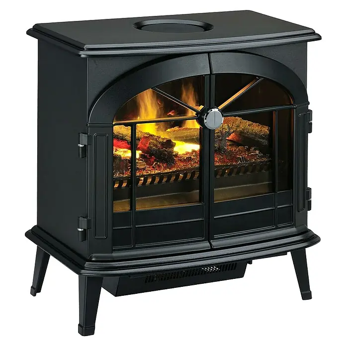 Dimplex Chimenea eléctrica Stockbridge - Negro, 1.000 W - 2.000 W, L x An x Al: 39 x 62 x 66 cm - Primer plano de una estufa eléctrica de chimenea con llamas simuladas que proporciona calidez y ambiente acogedor.