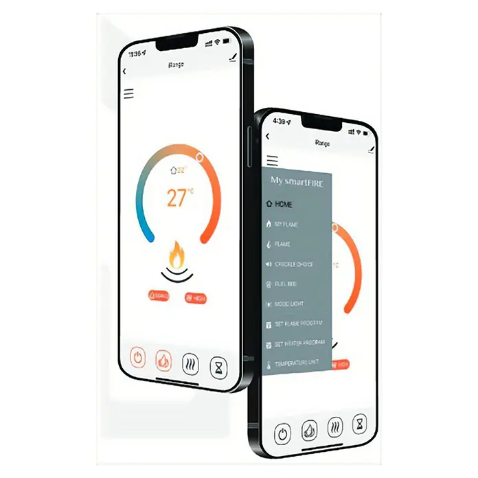 Charlton & Jenrick Chimenea eléctrica 4D I1000E - Blanco, 1.500 W, L x An x Al: 30,5 x 103,2 x 55,5 cm - Dos smartphones muestran la app "My smartFIRE" con control de temperatura y menú para gestionar las funciones de una chimenea inteligente.