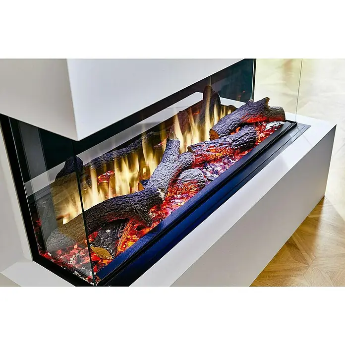 Charlton & Jenrick Chimenea eléctrica 4D I1000E - Blanco, 1.500 W, L x An x Al: 30,5 x 103,2 x 55,5 cm - Primer plano de una moderna chimenea eléctrica de esquina con troncos simulados y efecto de llama, en un recinto blanco.
