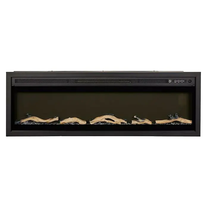 Focalpoint Chimenea eléctrica Sasanoa 50 - Negro, 1.500 W, L x An x Al: 15 x 126,2 x 41,9 cm - Primer plano de una chimenea eléctrica negra con decoraciones de troncos y controles, perfecta para crear un ambiente acogedor.