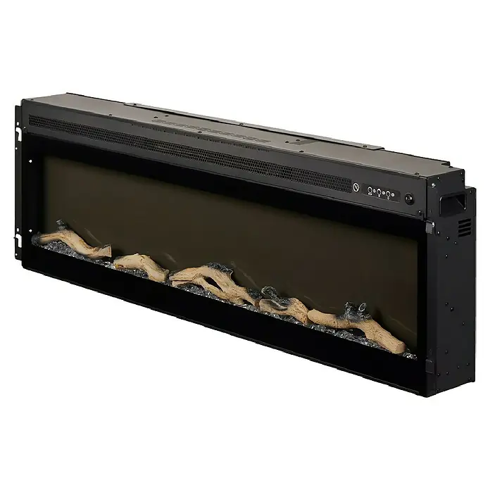 Focalpoint Chimenea eléctrica Sasanoa 50 - Negro, 1.500 W, L x An x Al: 15 x 126,2 x 41,9 cm - Primer plano de una chimenea eléctrica con decoración de leños, que aporta un ambiente acogedor a cualquier estancia.
