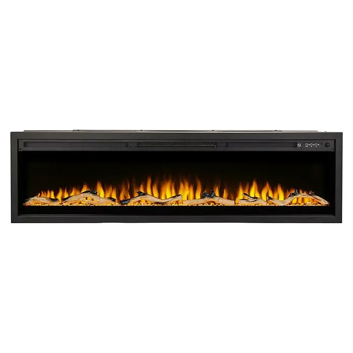 Focalpoint Chimenea eléctrica Sasanoa 60 - Negro, 1.500 W, L x An x Al: 15 x 151,6 x 41,9 cm - Primer plano de una elegante chimenea eléctrica con troncos simulados y efectos de llama realistas, perfecta para crear un ambiente acogedor.