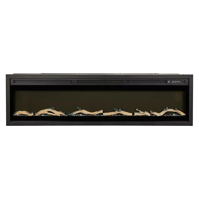 Focalpoint Chimenea eléctrica Sasanoa 60 - Negro, 1.500 W, L x An x Al: 15 x 151,6 x 41,9 cm - La imagen muestra una chimenea eléctrica moderna con troncos decorativos y cristales en su interior, diseñada para crear un ambiente acogedor.