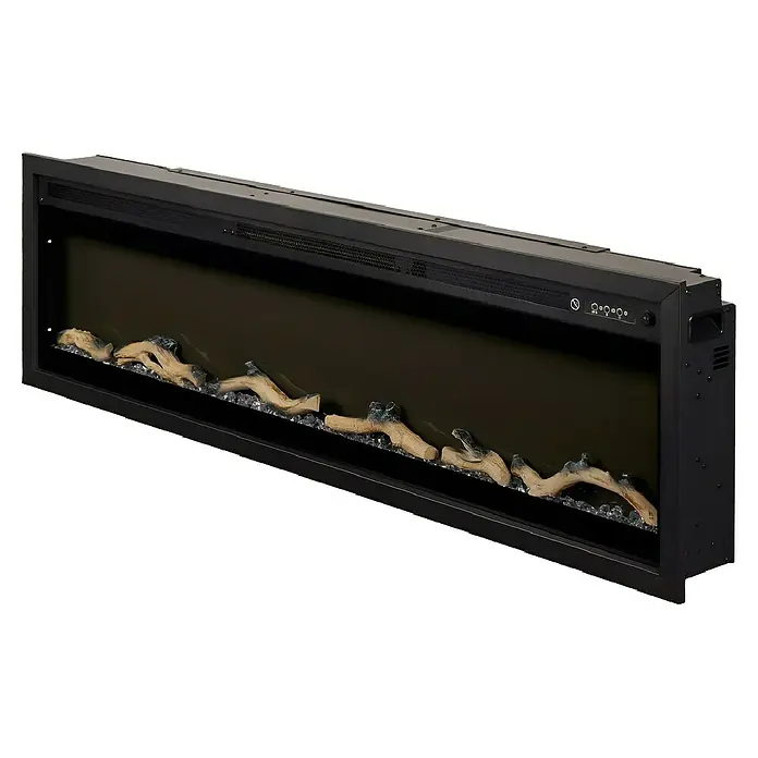 Focalpoint Chimenea eléctrica Sasanoa 60 - Negro, 1.500 W, L x An x Al: 15 x 151,6 x 41,9 cm - Primer plano de una chimenea eléctrica negra con troncos simulados y cristales.