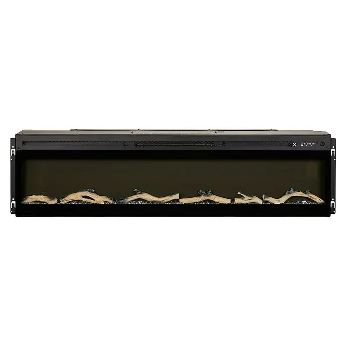 Focalpoint Chimenea eléctrica Sasanoa 60 - Negro, 1.500 W, L x An x Al: 15 x 151,6 x 41,9 cm - Primer plano de una chimenea eléctrica con leños y cristales, que aporta calidez y ambiente a cualquier estancia.