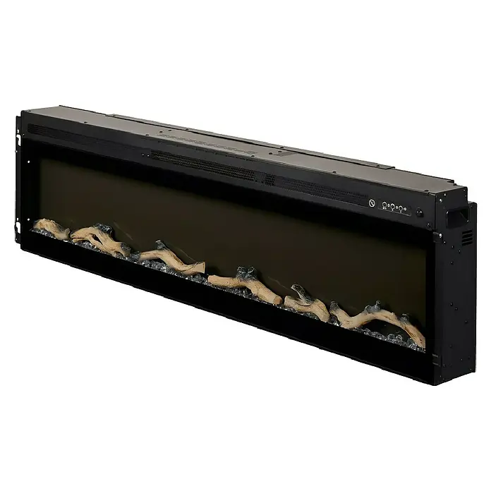 Focalpoint Chimenea eléctrica Sasanoa 60 - Negro, 1.500 W, L x An x Al: 15 x 151,6 x 41,9 cm - Primer plano de una chimenea eléctrica con leños y cristales, creando un ambiente acogedor.