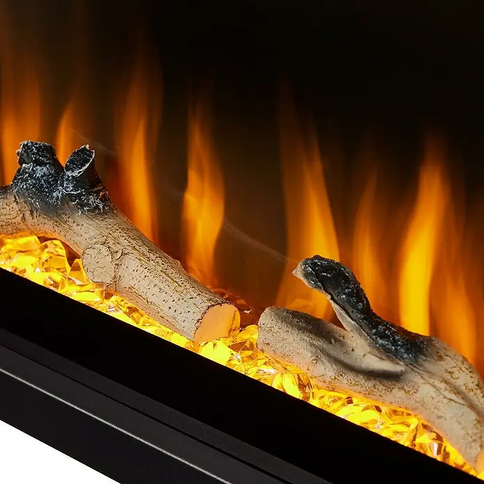 Focalpoint Chimenea eléctrica Sasanoa 60 - Negro, 1.500 W, L x An x Al: 15 x 151,6 x 41,9 cm - Primer plano de una chimenea eléctrica con troncos simulados y efecto de llama, creando un ambiente cálido.