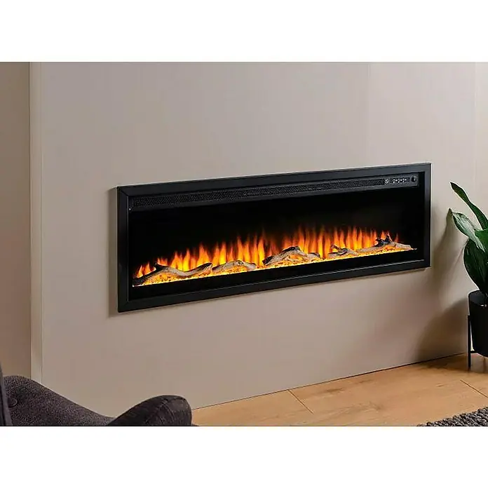 Focalpoint Chimenea eléctrica Sasanoa 40 - Negro, 1.500 W, L x An x Al: 15 x 100,8 x 41,9 cm - Elegante chimenea eléctrica con llamas realistas y decoración de leños, incrustada en una pared luminosa para un ambiente cálido.