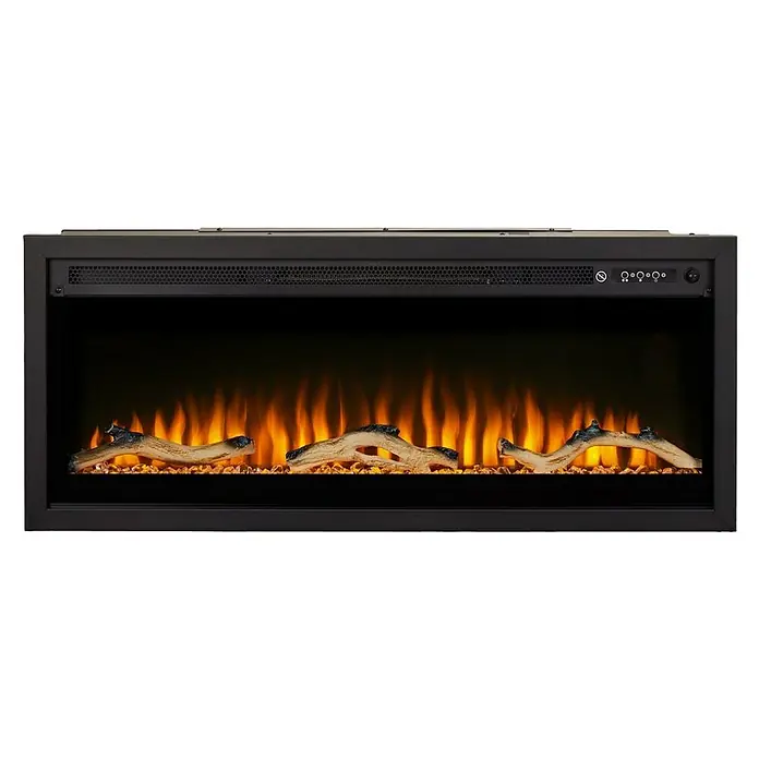Focalpoint Chimenea eléctrica Sasanoa 40 - Negro, 1.500 W, L x An x Al: 15 x 100,8 x 41,9 cm - Primer plano de una chimenea eléctrica negra con troncos simulados y efectos de llama realistas.