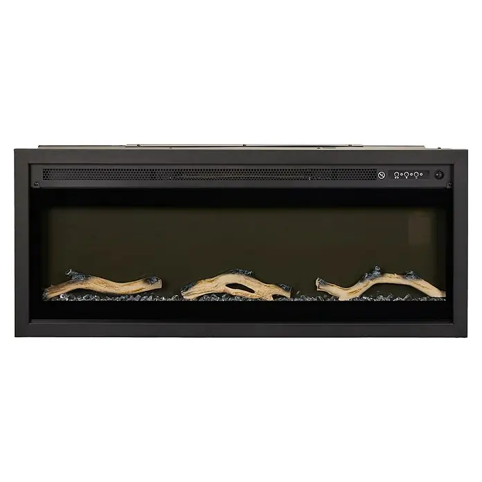 Focalpoint Chimenea eléctrica Sasanoa 40 - Negro, 1.500 W, L x An x Al: 15 x 100,8 x 41,9 cm - Primer plano de una chimenea eléctrica negra con troncos simulados y cristales decorativos.