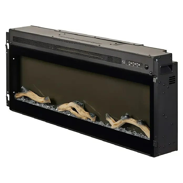 Focalpoint Chimenea eléctrica Sasanoa 40 - Negro, 1.500 W, L x An x Al: 15 x 100,8 x 41,9 cm - Primer plano de un inserto de chimenea eléctrica con troncos y cristales para un ambiente acogedor.