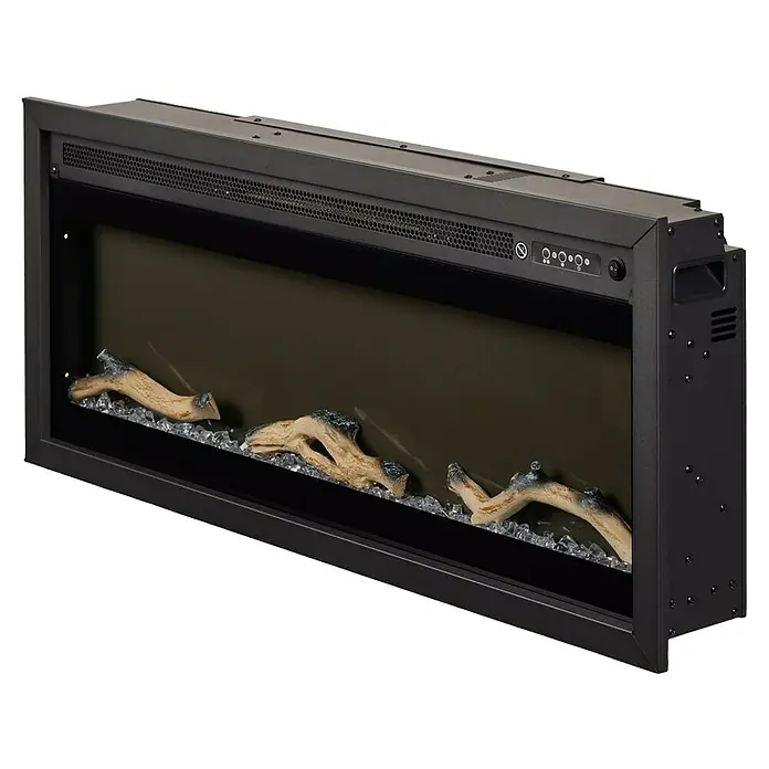 Focalpoint Chimenea eléctrica Sasanoa 40 - Negro, 1.500 W, L x An x Al: 15 x 100,8 x 41,9 cm - Primer plano de una chimenea eléctrica con decoraciones de troncos y detalles de cristal.