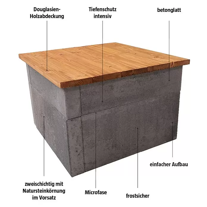 EHL Creaform Loungetisch - 72,5 x 72,5 x 48 cm, Steingrau, Beton - Robustes graues Beton-Pflanzgefäß mit natürlicher Holzlamellenabdeckung, ideal für den Garten.