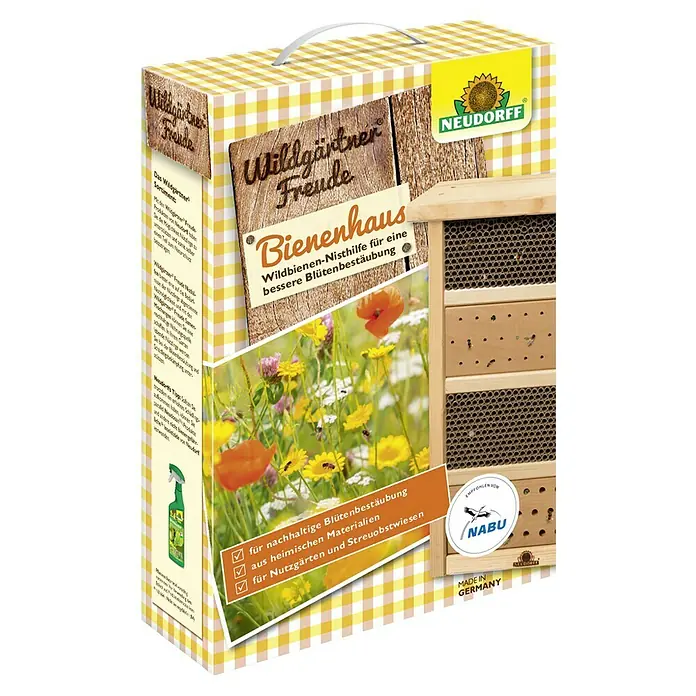 Neudorff Wildgärtner Freude Bienenhaus - 10 x 28,5 x 43 cm, Buche - Produktverpackung für ein Bienenhaus "Wildgärtner Freude" von Neudorff, eine Nisthilfe für Wildbienen zur besseren Blütenbestäubung.