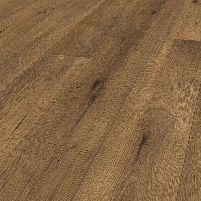 Laminat - Vignola Eiche, Landhausdiele, 1.292 x 193 x 7 mm - Nahaufnahme von Holzboden, der die natürliche Maserung und warmen Farbtöne des Holzes hervorhebt.