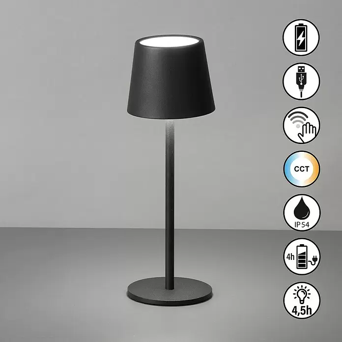 FHL easy Akku-Tischleuchte Roxi - 1,5 W, L x B x H: 9 x 9 x 27,5 cm, Schwarz, Warmweiß - Eine elegante, schwarze, wiederaufladbare Tischleuchte mit konischem Schirm und rundem Fuß, die weißes Licht abgibt.