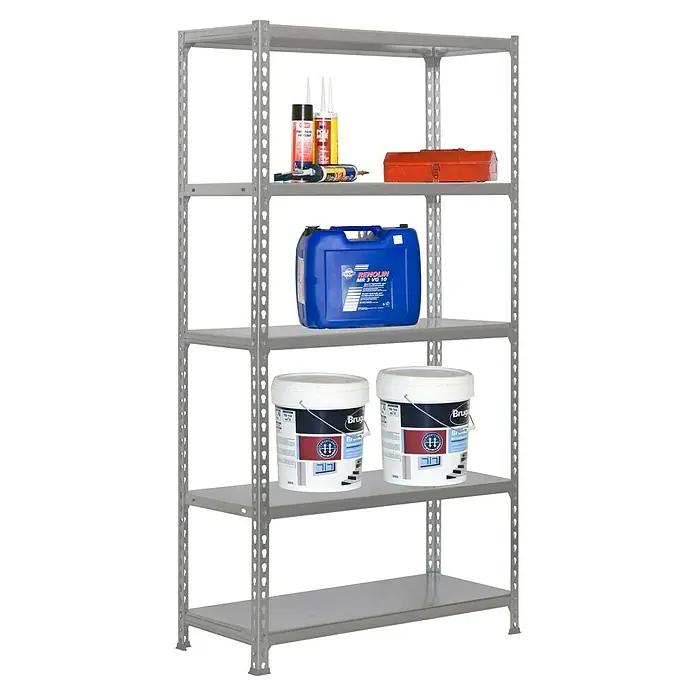 Simonrack Simonclick Estantería metálica Plus - Al x An x Pr: 200 x 100 x 40 cm, Capacidad de carga por balda: 180 kg, Número de baldas: 5 ud., Inserción, Gris/Galvanizado - Fotografía de una estantería metálica gris de cinco estantes que muestra varios contenedores y herramientas.