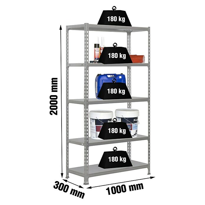 Simonrack Simonclick Estantería metálica Plus (L x An x Al: 30 x 100 x 200 cm, Capacidad de carga: 180 kg/balda, Número de baldas: 5 ud., Plateado)