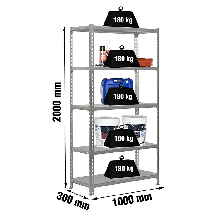 Simonrack Simonclick Estantería metálica Plus - Al x An x Pr: 200 x 100 x 30 cm, Capacidad de carga por balda: 180 kg, Número de baldas: 5 ud., Inserción, Gris - Estantería metálica con cinco niveles, cada uno capaz de soportar hasta 180 kg, ideal para almacenamiento en taller o garaje.