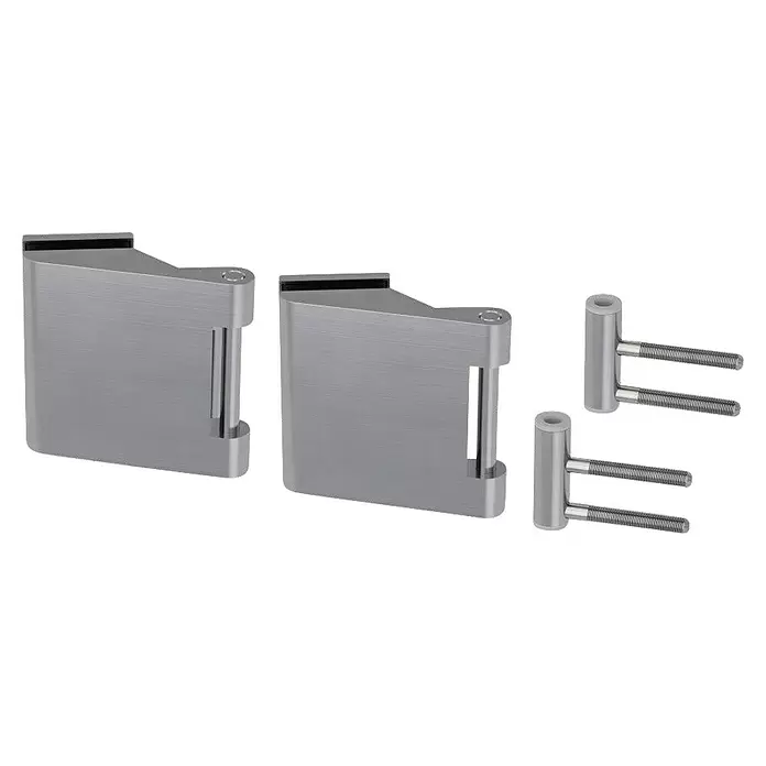 Diamond Doors Beschlag-Set Style Premium - Edelstahloptik matt, Passend für: Zweiflügelige Diamond Ganzglas-Drehtüren - Zwei gebürstete Metall-Glasklemmen mit Befestigungsbolzen.