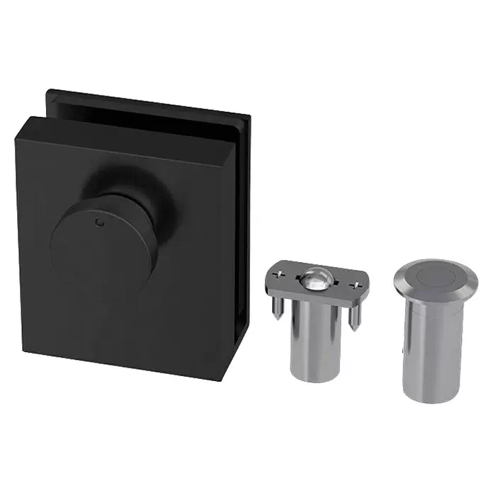 Diamond Doors Beschlag-Set Style Premium - Schwarz matt, Passend für: Zweiflügelige Diamond Ganzglas-Drehtüren - Schwarzer matter Glas-Türknauf/-riegel mit zwei silbernen Bodenstoppern.