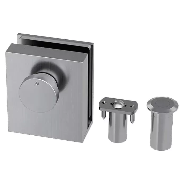 Diamond Doors Beschlag-Set Style Premium - Edelstahloptik matt, Passend für: Zweiflügelige Diamond Ganzglas-Drehtüren - Satinierter Metall-Glastürschloss-Set mit Drehknauf, inklusive Kugelschnapper und Bodendose.