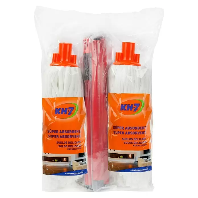 KH7 Set de limpieza 2 fregonas + mango - Otros, Blanco - Dos fregonas blancas con cabezales naranjas y un palo rojo, empaquetadas en plástico transparente.