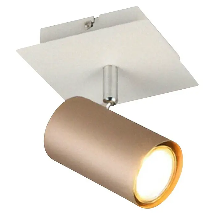 Trio Leuchten Marley Wandstrahler - 25 W, L x B x H: 12 x 12 x 15 cm, Coffee, GU10 - Nahaufnahme einer modernen Deckenleuchte mit zylindrischem Lampenkopf und quadratischer Montageplatte. Das Licht ist warm und einladend.