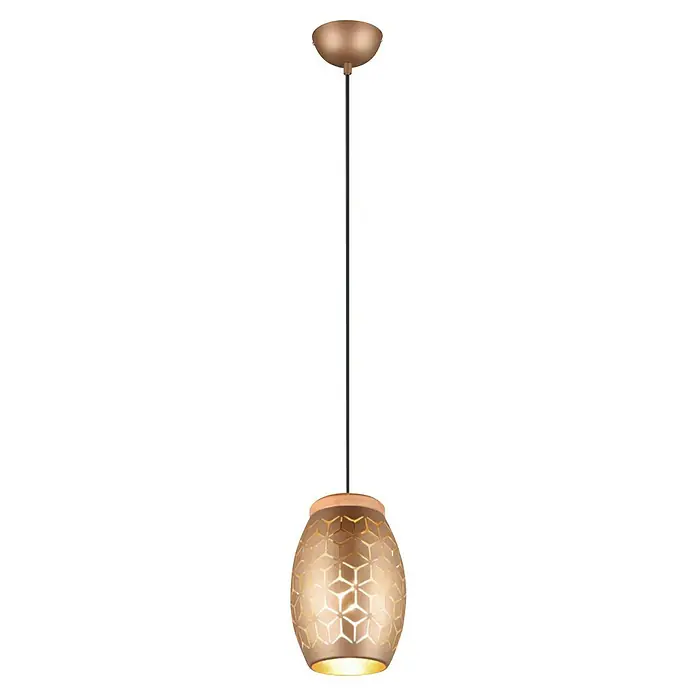 Reality Leuchten Bidar Lámpara colgante - 28 W, L x An x Al: 15 x 15 x 150 cm, Café, E27 - Elegante lámpara colgante dorada con patrón geométrico y varilla de suspensión negra y delgada, que realza la decoración de cualquier habitación.