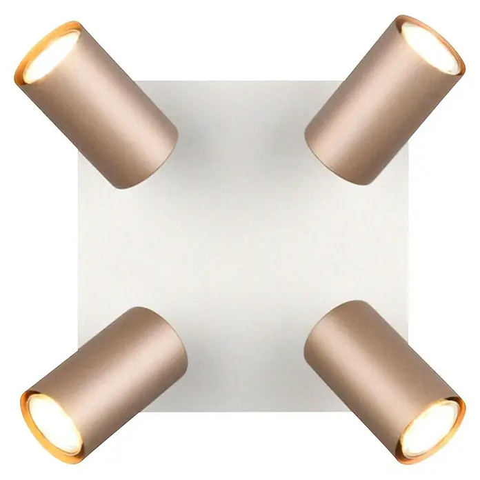 Trio Lighting Marley Regleta 4 luces - 35 W, L x An x Al: 24 x 24 x 15 cm, Gris, GU10 - Elegante lámpara de techo con cuatro focos. Los focos tienen un elegante acabado en oro rosa y están montados sobre una base cuadrada blanca.