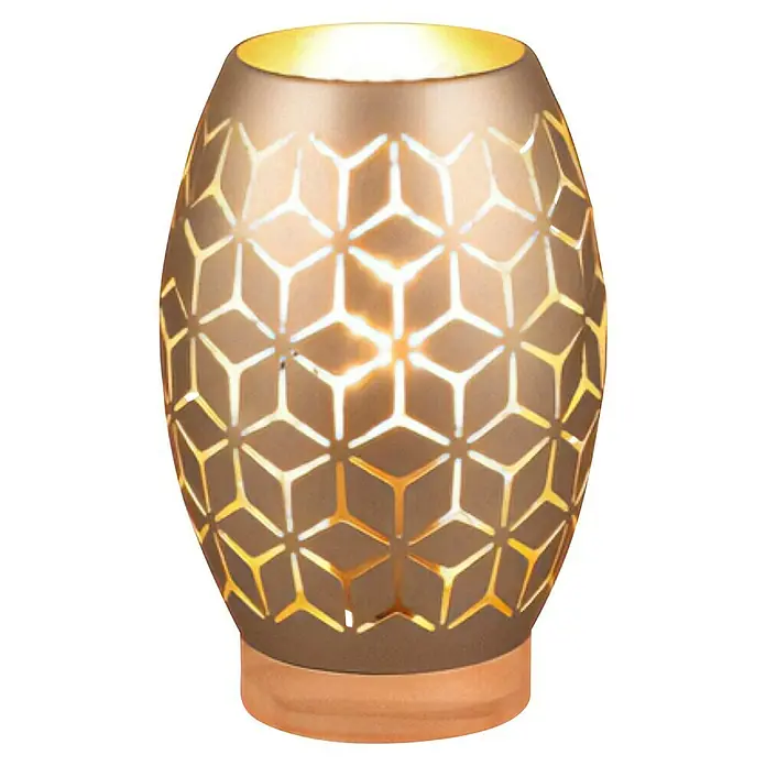 Reality Leuchten Bidar Tischleuchte - 28 W, Ø x H: 15 x 21,5 cm, Coffee, E27 - Nahaufnahme einer dekorativen Aroma-Lampe, die ein warmes, einladendes Licht durch ihr filigranes Muster wirft.