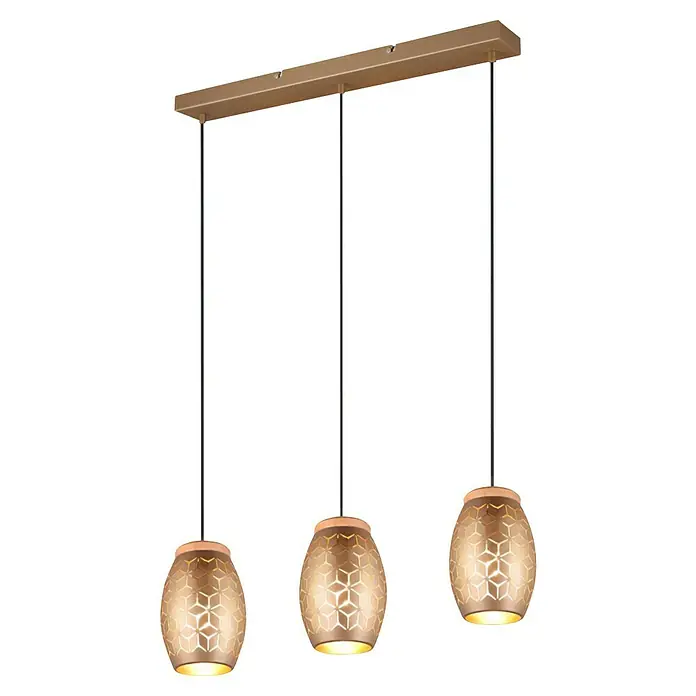 Reality Leuchten Bidar Pendelleuchte - 28 W, L x B x H: 15 x 71 x 150 cm, Coffee, E27 - Elegante Pendelleuchte mit drei goldenen Schirmen und einem dekorativen Sternmuster, ideal für stilvolle Beleuchtung.\n
