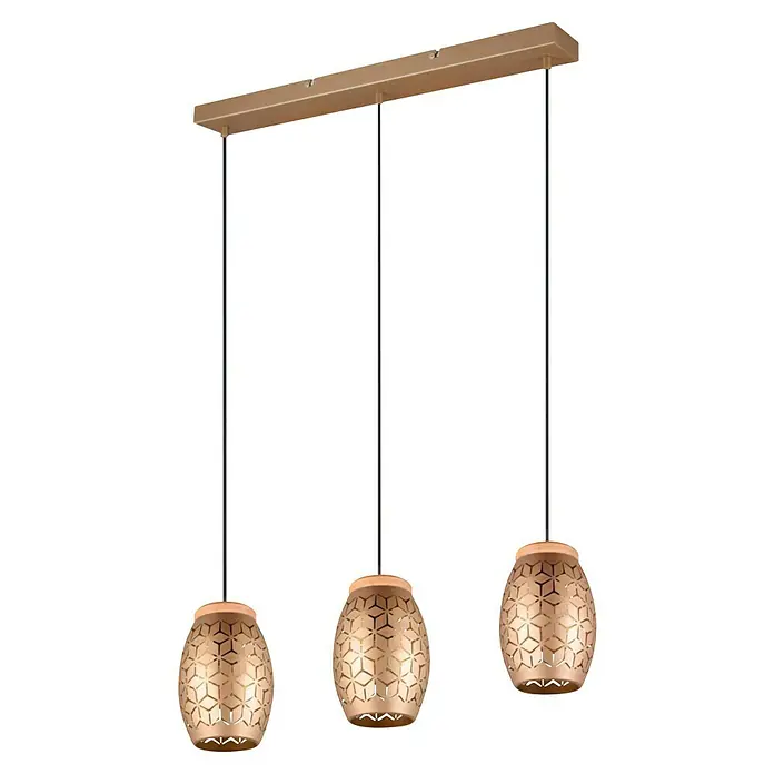 Reality Leuchten Bidar Pendelleuchte - 28 W, L x B x H: 15 x 71 x 150 cm, Coffee, E27 - Elegante Pendelleuchte mit drei goldenen Lampenschirmen und geometrischen Mustern für stilvolle Beleuchtung.