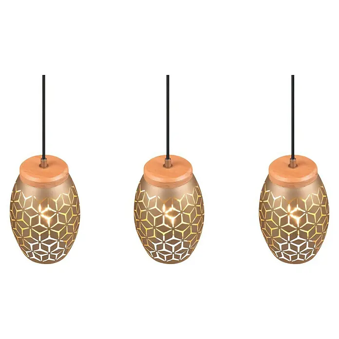 Reality Leuchten Bidar Pendelleuchte - 28 W, L x B x H: 15 x 71 x 150 cm, Coffee, E27 - Abbildung von drei kupferfarbenen Pendelleuchten mit einem dekorativen, durchbrochenen Muster und einem hölzernen Deckenelement.