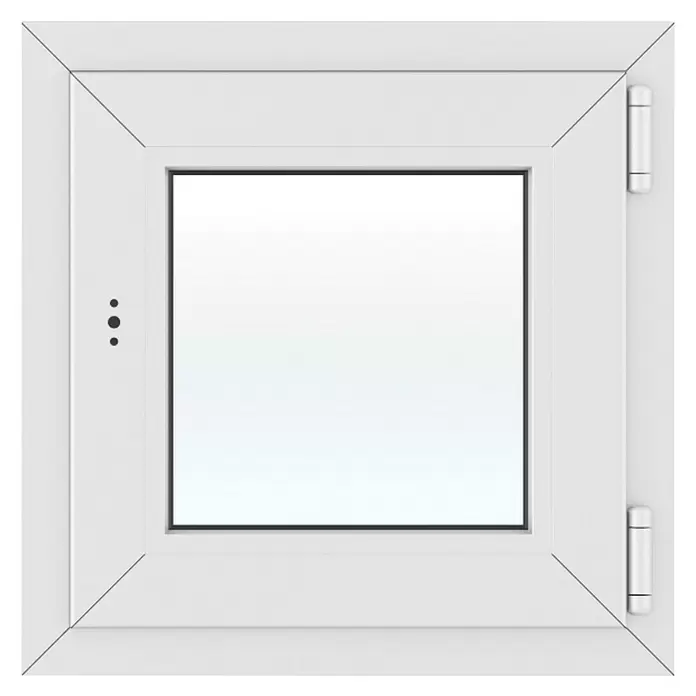 Solid Elements Kunststofffenster New Basic - 50 x 50 cm, Verglasung: 2-fach, DIN Anschlag: Rechts, Weiß - Weißer Fensterrahmen mit rechtsseitigen Scharnieren und linksseitigem Verschlussmechanismus.