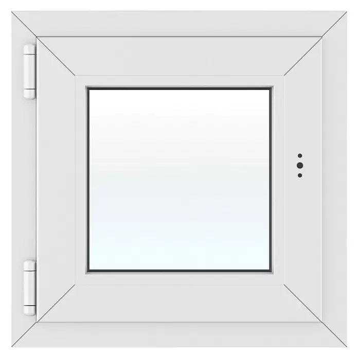 Solid Elements Kunststofffenster New Basic - 50 x 50 cm, Verglasung: 3-fach, DIN Anschlag: Links, Weiß - Weißes quadratisches Fenster mit klarem Glas. Mit Scharnieren links und einem Verschlussmechanismus rechts.