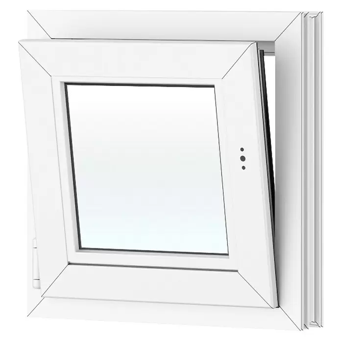 Solid Elements Kunststofffenster New Basic - 50 x 50 cm, Verglasung: 3-fach, DIN Anschlag: Links, Weiß - Weißes Kunststoff-Kipp-Drehfenster mit Scheibe, teilweise geöffnet.