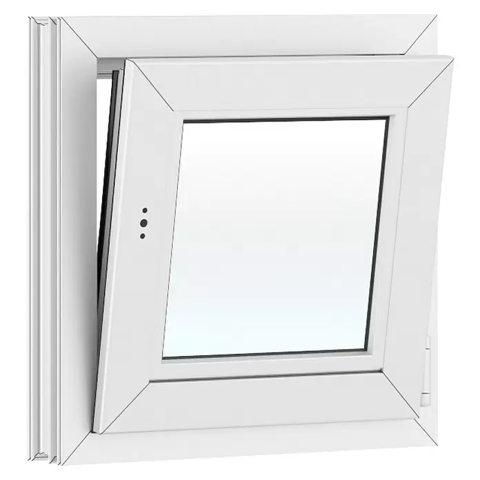 Solid Elements Kunststofffenster New Basic - 50 x 50 cm, Verglasung: 2-fach, DIN Anschlag: Rechts, Weiß - Weißes PVC-Dreh-Kipp-Fenster, teilweise geöffnet.