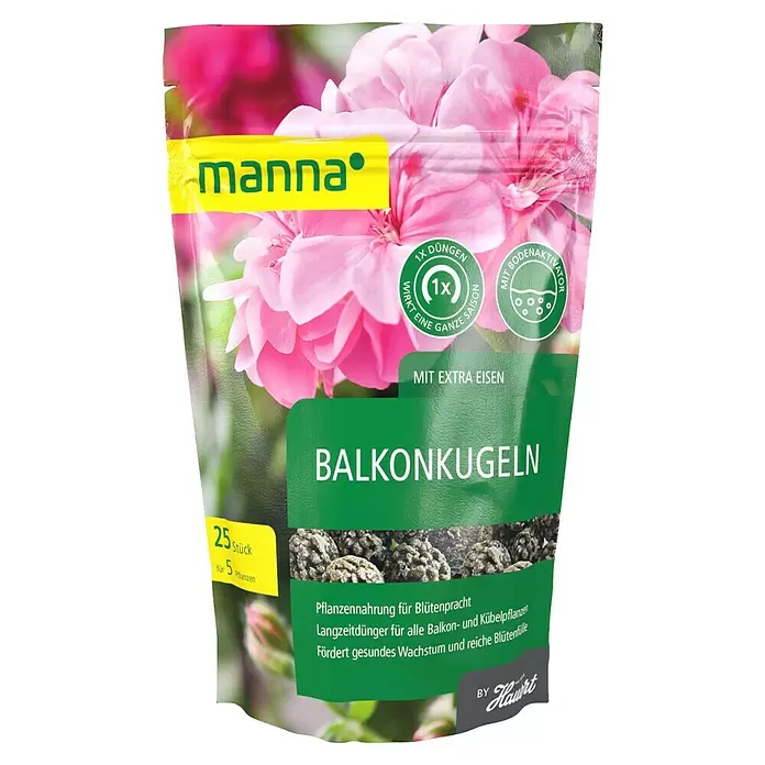 Manna Langzeitdünger Balkonkugeln - 25 Stk. - Grüne und gelbe Manna Langzeitdünger-Kugeln für Balkonpflanzen, 25 Stück.